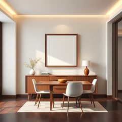 mockup frame for wall art in dining room above buffet showcasing empty canvas on textured plaster wall in pastel tones with mid-century modern decor aesthetic perfect for print on demand use