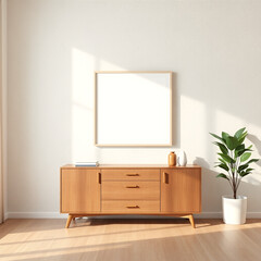 mockup of a blank frame in a stylish dining room showcasing wall art above a buffet designed with textured plaster wall in soft pastel tones capturing mid-century modern aesthetic 3d render