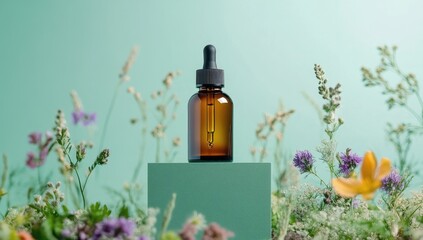 A amber glass dropper bottle, filled with liquid, sits atop a teal cube podium, surrounded by wildflowers