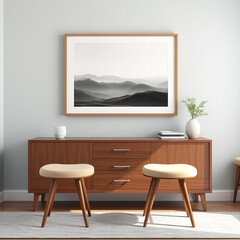 mockup of empty picture frame in stylish dining room showcasing wall art above buffet modern textured plaster wall pastel tones mid-century decor 3d render for print on demand showcase artistic interi