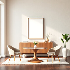 mockup of a blank canvas in a dining room with wall art above buffet on textured plaster wall in pastel tones showcasing mid-century modern style in high-quality 3D render for print on demand showcase