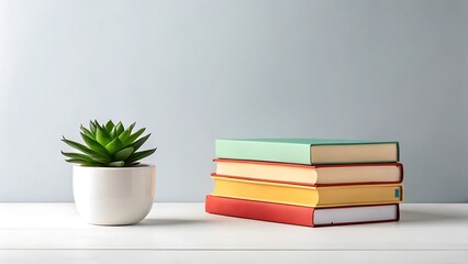 Books on a Table with Succulent Plant in Ceramic Pot Against Light Grey Wall in Minimalist Calm Interior