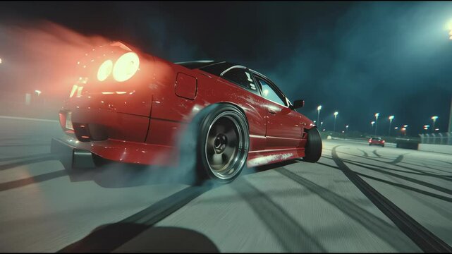 Experience the adrenaline rush of high-speed drifting at an illuminated racetrack. Smoke billows as the car glides around the curves, showcasing precision and skill under the night sky