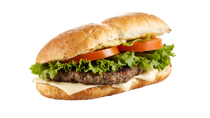 Close-up of a fresh hamburger isolated on a white background, featuring a golden, toasted bun. Inside, a tender, well-cooked beef patty is topped with melted, creamy white cheese. On top, bright green