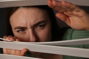 Paranoia. Worried woman looking through window blinds indoors