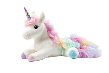 Plush unicorn toy with rainbow mane and tail