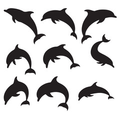 Naklejka premium Collection of Dolphin Silhouettes Leaping, Jumping, Ocean Wildlife Vector Art