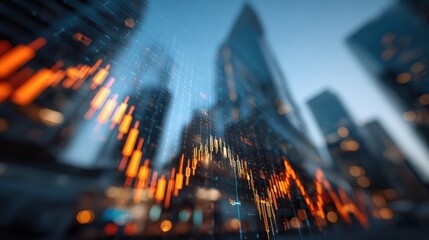 Bright lines representing financial data trends glow against a blurred city skyline as twilight descends, showcasing the dynamic nature of urban life and markets.