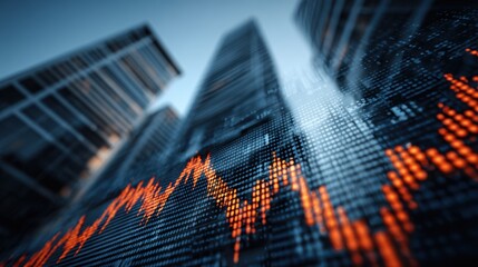 Tall buildings rise against the dusk sky, overlayed with digital graphics displaying stock market fluctuations. The warm hues of orange represent market activity and trends.