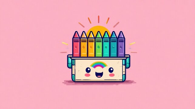 Kawaii crayon box with smiling face, rainbow colors, copy space for school themes. Back to school