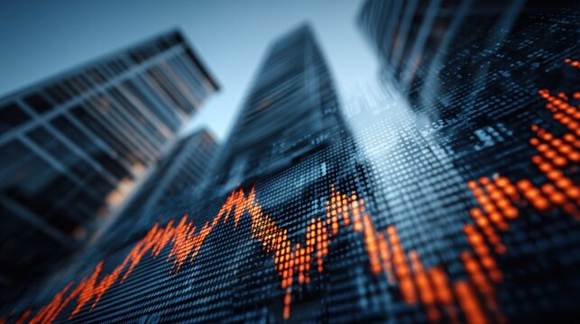 Tall buildings rise against the dusk sky, overlayed with digital graphics displaying stock market fluctuations. The warm hues of orange represent market activity and trends.