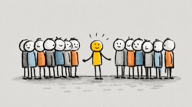 A yellow-shirted figure stands confidently in the center, surrounded by a circle of gray and orange stick figures. The atmosphere reflects positivity and support, suggesting an encouraging gathering.