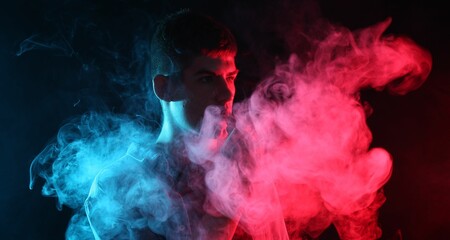 Man using electronic smoking device in neon lights on dark background