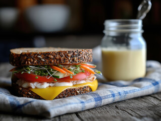 Delicious vegan sandwich with cheese, tomato, and sprouts on seeded bread next to a jar of mustard