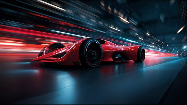 A sleek red racing car races down a futuristic city road, leaving a trail of vibrant light. The high-speed action creates a captivating display against a neon backdrop