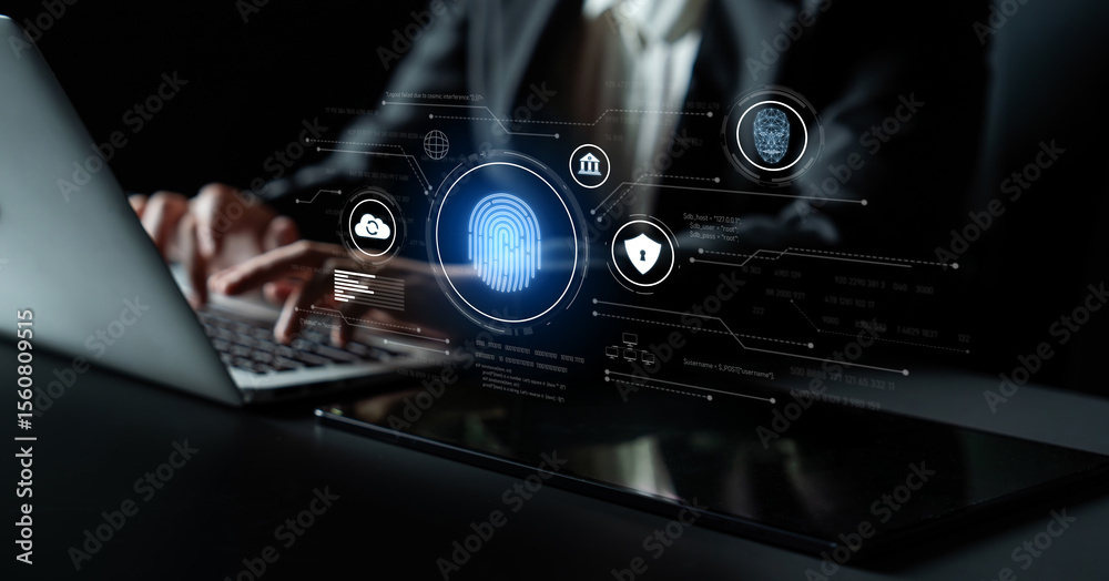 Poster biometric identity system using fingerprint and facial recognition to secure cloud access, protect s