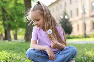 Cute little girl with beautiful dandelion on grass outdoors