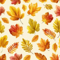 Obraz premium Seamless pattern with watercolor autumn leaves in yellow orange and red on light background for design
