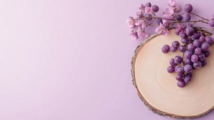 Purple grapes on rustic wooden slab, Minimal pastel lavender background, Fresh fruit still life, Modern food presentation, Natural organic snack, Copy space for text

