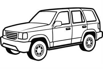 Black Outline Drawing of a Classic SUV with Prominent Grille and Tires
