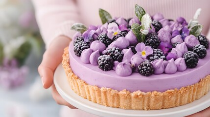 Purple tart with blackberries and edible flowers, Vibrant fruit dessert, Gourmet food on plate, Fresh homemade pastry, Hand holding plate, Spring celebration, Copy space

