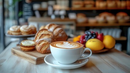 Latte art coffee cup with pastries on a cafe table