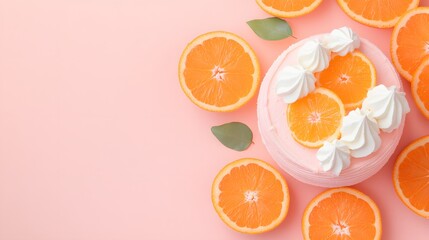 Orange cake with whipped cream, Sliced citrus fruit dessert, Pastel pink background, Flat lay modern presentation, Fresh gourmet bakery, Minimal food styling, Copy space for text


