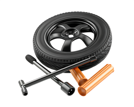 Tire and tools isolated on a transparent background