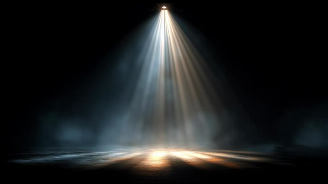 A strong beam of light pierces through the surrounding darkness, creating an intense contrast in an outdoor setting