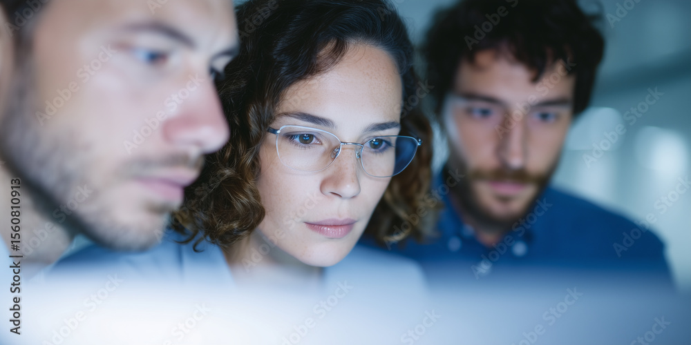 Poster focused business team analyzing data on computer screen, teamwork, collaboration, concentration, off