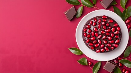 Bowl of pomegranate seeds with chocolate, Red background, Healthy superfood snack, Flat lay food photography, Modern minimalist style, Natural ingredients, Copy space for text


