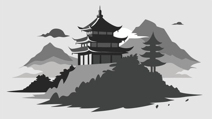 Minimalist black and white illustration of a japanese pagoda in a landscape