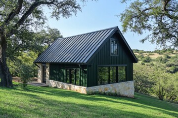 Obraz premium Charming cabin nestled in nature on a sunny afternoon with green surroundings and rustic architecture inviting relaxation