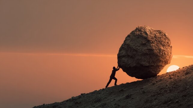 A person struggles to push a large boulder uphill against a vibrant sunset backdrop. The sky glows with warm colors as the sun sets, creating a powerful visual contrast. - Powered by Adobe