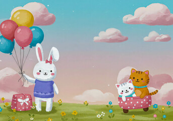 Obraz premium Cute cartoon rabbit holding colorful balloons near a gift box, with two cats in a wagon. Fun illustration for birthday card.