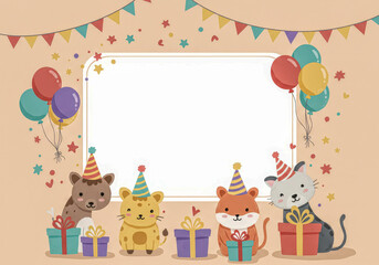 Obraz premium Four adorable cartoon animals wearing party hats with colorful balloons and gifts. Creative blank frame for birthday greeting card.