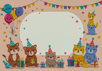 Obraz premium Illustrated party animals, including a cat and bear, with gifts and balloons, for greeting card and party invitation design.