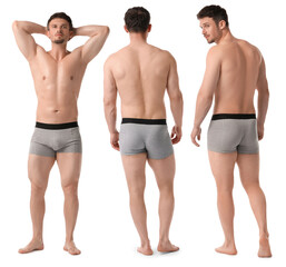 Handsome man in grey underwear on white background, collage. View from different sides
