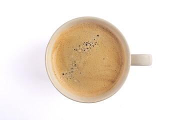white cup of espresso coffee isolated on white background, top view