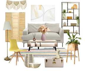 Different furniture and decorative elements on white background, collage. Living room interior