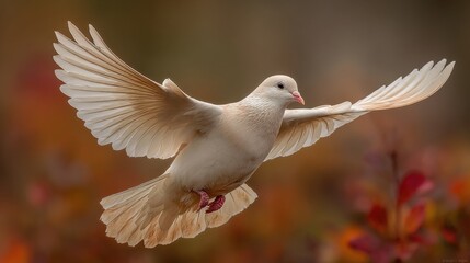 A white dove spreads its wings while flying over vibrant autumn leaves during sunset. The warm colors of the background enhance the tranquil atmosphere of the moment.