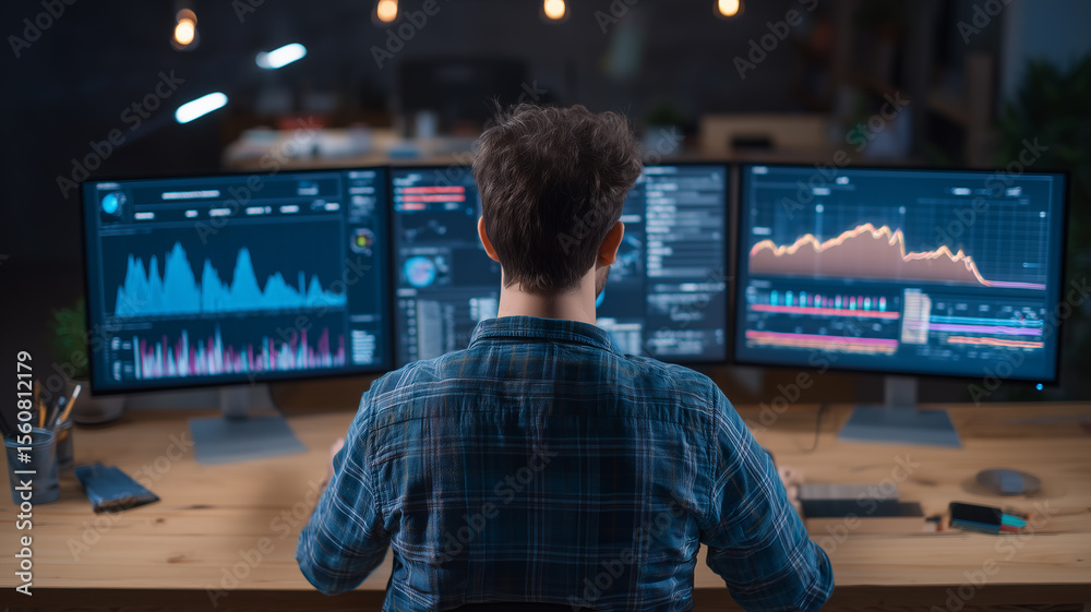 Poster data scientist analyzing peak energy and power on multiple monitors in modern office, focused and co