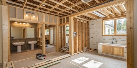 Unfinished Bathroom Construction Wood Framing, Tile, Double Vanity, Natural Light, Construction Photography, Home Renovation Construction, Renovation