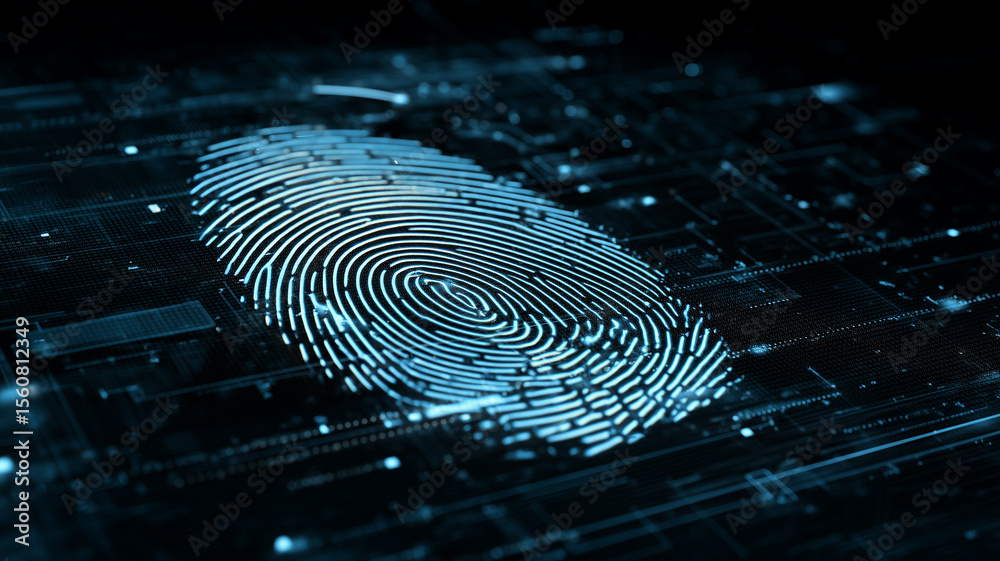 Poster digital fingerprint cybersecurity firewall technology security data protection blue abstract glowing
