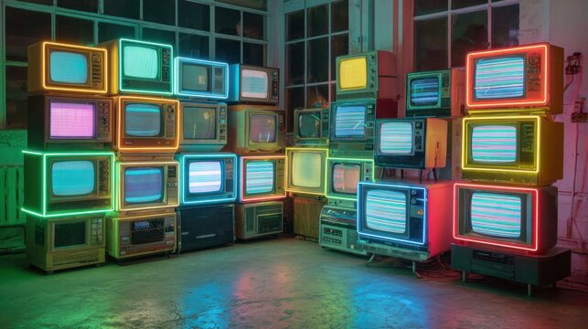A collection of vintage televisions illuminated with neon lights showcases a creative art installation in an industrial space during the evening. The colorful display enchants visitors.
