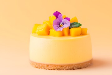 Mango cheesecake with violet flower, Close up modern dessert, Yellow pastel background, Gourmet fruit cake, Elegant presentation, Minimalist style, Copy space for text

