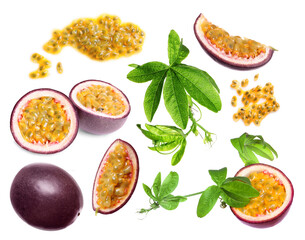 Passion fruits and green leaves isolated on white, set