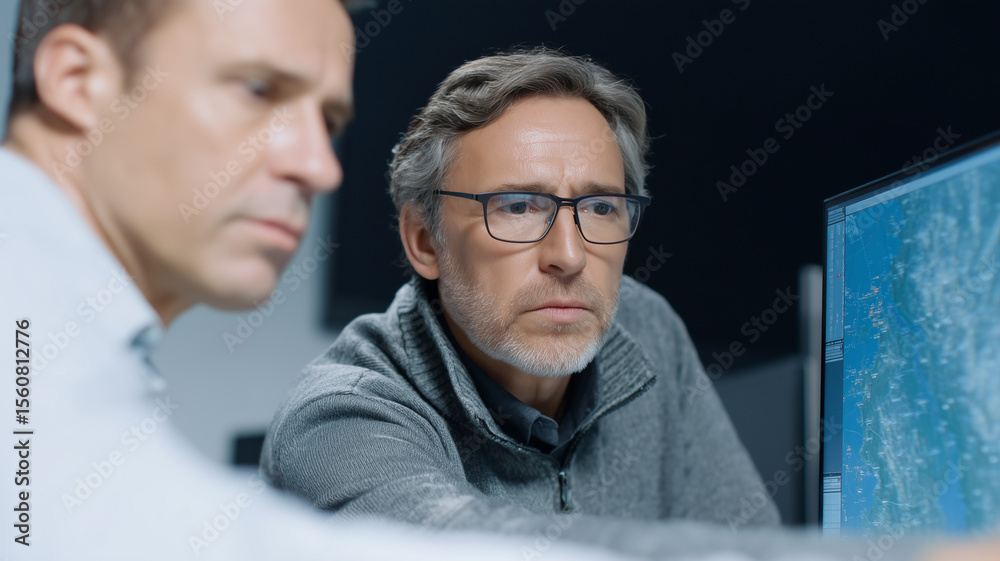 Poster Two mature men, one with glasses, focus intently on computer monitor displaying data in modern office setting