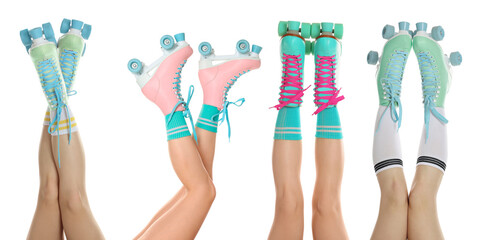 Women in retro roller skates on white background, closeup. Collage