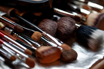 Close-up of makeup brushes in a makeup bag